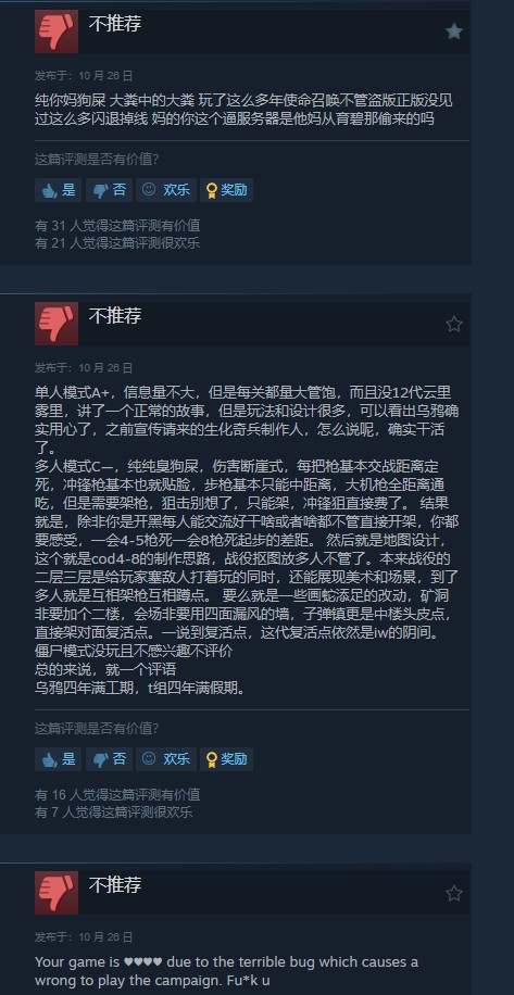 《使命召唤21》Steam褒贬不一，多人模式被喷！