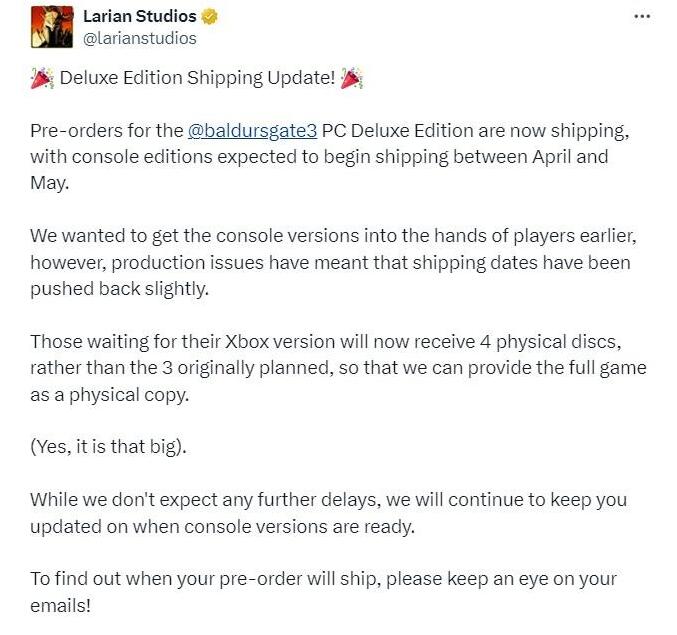 今日，《博德之门3》PC豪华版开始发货而主机版宣布延期！